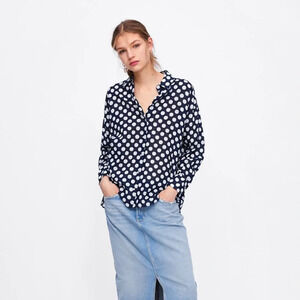 ZARA Blue White Linen Polka  Dot Button Down Long Sleeve Shirt size XS